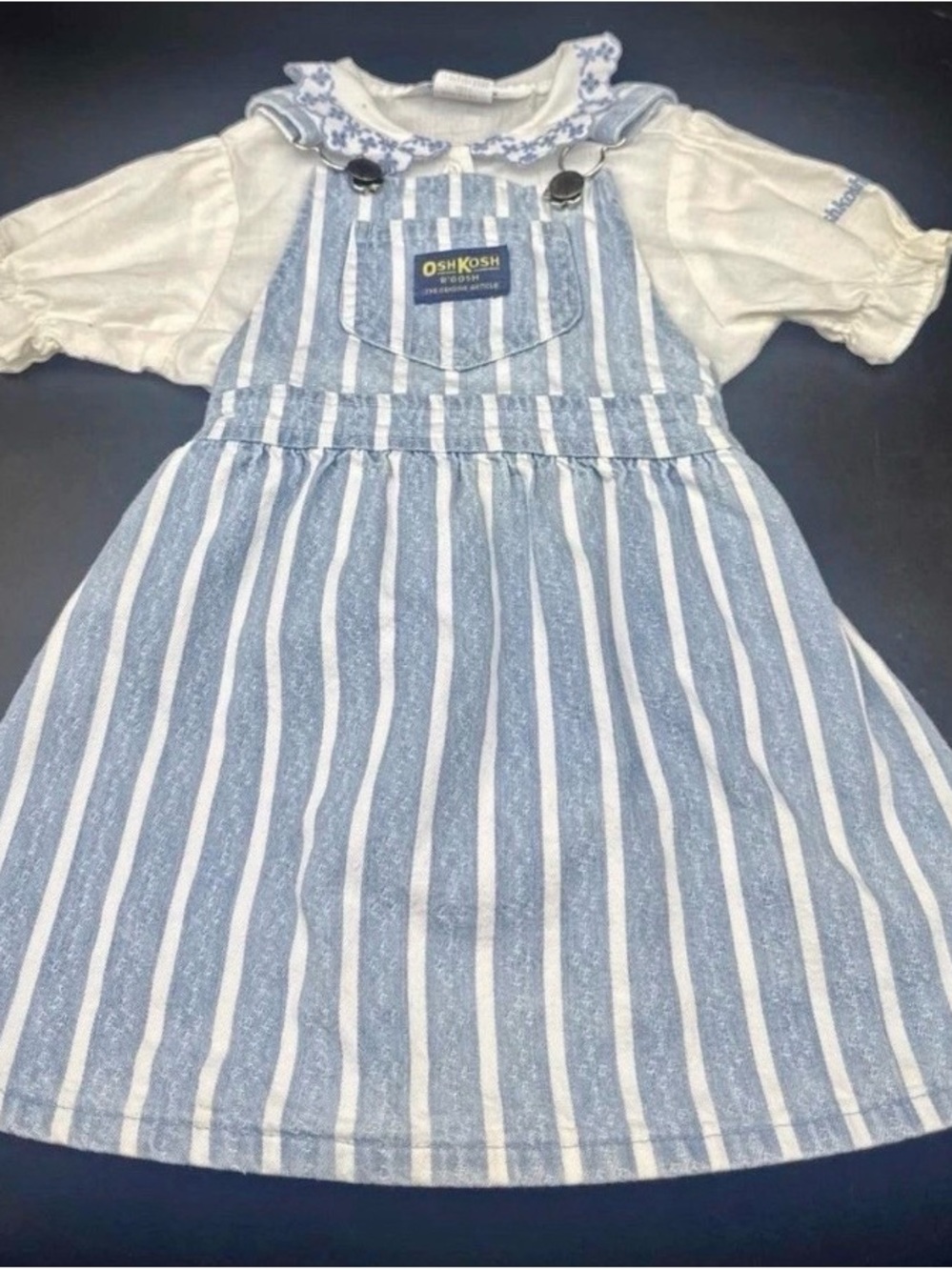 Vintage OshKosh B'gosh Blue and White Striped Pinafore Dress Set